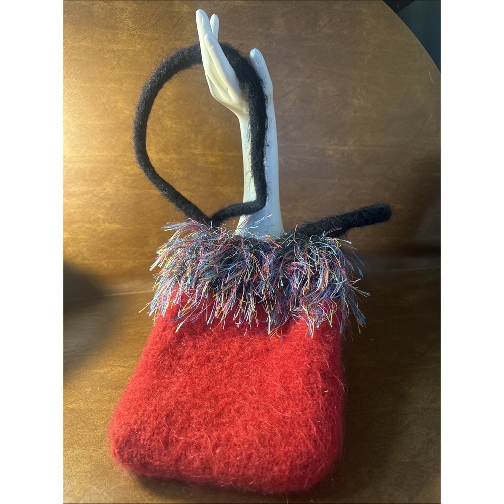 Handcrafted Felted Red Wool Purse Shoulder Bag Pre-owned 7.5X10"